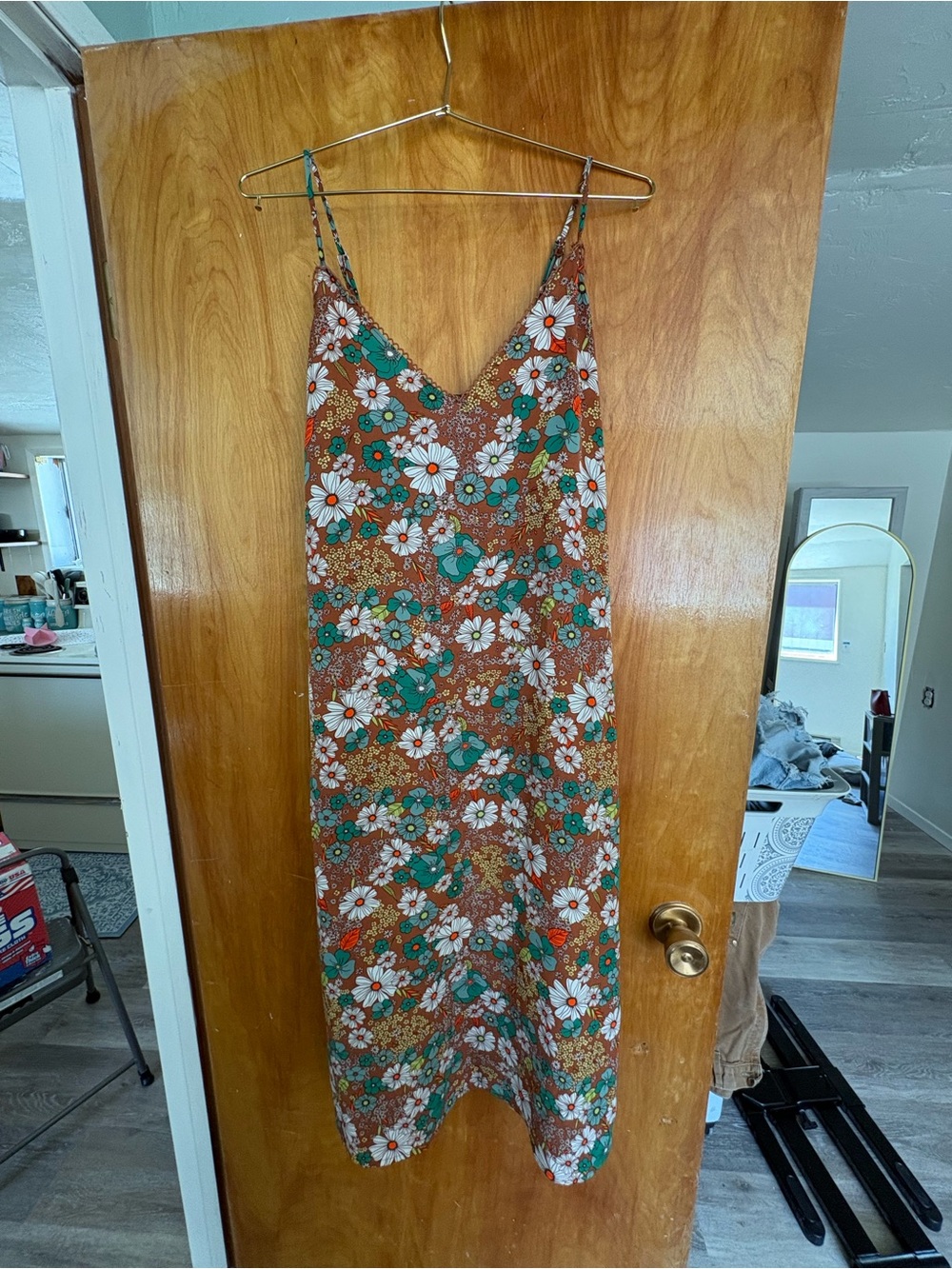 Floral Print Slip Midi Dress in Rust and Teal